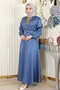 Stone Detailed Satin Evening Dress Blue 19901 - 3