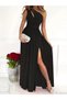Women's Off-The-Shoulder Asymmetrical Collar Detailed Slit Maxi Length Janjan Crepe Dress