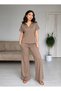 Women's Brown Polo Collar Detailed Wide-Leg Trousers Modal Fabric Top and Bottom Set - 4