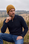 Men's Zippered Polo Neck Navy Blue Sweater Knitwear Embossed Knit Solid Color Classic Fit - 5240F