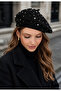 Hat Painter's Hat with Stones Cap Winter Black Color Outerwear Woolen Valentine's Day Gift with Zircon Stones - 2