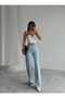 Eimy Snow Wash Blue Lycra Super High Waist Loose Jeans Palazzo Trousers - 3