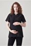 Women's Black Linen Scalloped Lace Maternity Pajama Set - 2