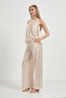 Women's Satin Textured Patterned Loose Ecru Baggy Trousers - 2