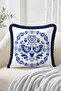 Blue and White 4-Piece Fringed Throw Pillow Cover Set with Tile Pattern and Bird and Heart Motifs - 6