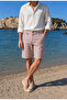 Men's White-Burgundy Slim Fit Seersucker Striped Casual Stretch Shorts with Side Pockets - 4