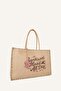 Women's Embroidered Sand Beige Beach Bag G8720Axns - 3