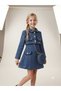 Girl's Gold Button and Striped Piping Detailed Crop Jacket Skirt Chain Strap Bag Set of 3 - 4