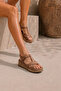 Tan Genuine Leather Cross-Strapped Wedge Sole Women's Sandals - 2