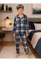 Boy's Cotton Milan Fabric Gray Plaid Patterned Buttoned Seasonal Pajama Set with Sleeves and Sleeping Band