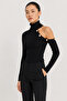 Women's Black One Shoulder Open Ribbed Knit Fisherman Blouse - 4