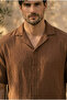 Half Oversize Apaş Collar Short Sleeve Muslin Fabric Men's Shirt - Dark Brown - 4