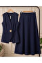 Navy Blue Double Crepe Vest Skirt Set • Gold Brooch with Side Tie • Stylish Modern Women's Combination Set