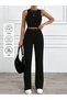 Women's Black Tank Top and Bottom High Waist Elastic Waistband Comfortable Flexible Two-Piece Set