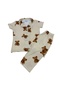 Girl's Cotton Beige Teddy Bear Patterned Shirt Collar Buttoned Short Sleeve Pajama Set - 2