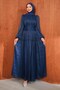 Navy Blue Gathered Waist Layered Evening Dress