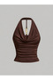 Brown Degaje Collar Halter Crop Blouse Metal Accessory Detailed Slim Fit Women's Blouse, Bitter Coffee Backless Blouse - 3
