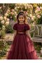 Girl's Burgundy Rose Detailed Crop Dress, Girl's Party Dress - 3