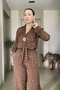 Leopard Patterned Satin Blouse and Scarf Pants Set with Gold Accessories