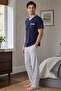 Men's solid v-neck short sleeve navy blue pajama set 8101 - 2