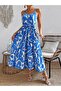 Women's Rope Strap V-Neck Long Patterned Single Jersey Dress with Belt at the Waist - 5