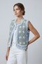 Blue Women's Crew Neck Denim Crop Vest with Chain Embroidery & Fringes - 8