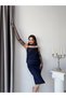 Navy Blue Gloved and Scarf-Strapped Midi Evening Dress - 4