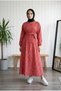 Women's Red Floral Patterned Long Dress with Elastic Waist - 130 cm Maxi Length Belted Dress - 3
