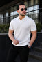 Men's Casual Striped White Knitwear Polo Neck T-Shirt - 2