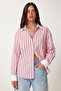 Contrast Cuffed Striped Oversize Shirt Lub0347 Pink Burgundy - 2