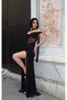 Women's Black Shawl Detailed Slit Maxi Tulle Dress Yel221831 - 4