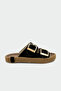 Pupil Double Buckle Genuine Leather Women's Black Slippers