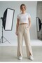 Women's Linen Blend Slit Detailed 50% Viscose 40% Cotton Wide Leg Pants - 6
