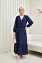 Linen Look Suit with Tie-Front Lace Detail and Lined Skirt - Dark Blue
