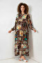 Women's V-Neck Belted Authentic Patterned Viscose Brown Hijab Dress - 3