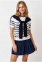 Women's Navy Blue Scarf Detailed Striped Short Sleeve Knitwear Blouse Blz-19003353 - 2