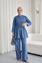Half-Buttoned, Pleated Front, Tie-Waist Denim Suit with Pants - Blue - 4