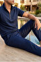 Men's Regular Navy Blue Half Zipper High Collar T-Shirt & Green Trousers Bottom Top 2-Piece Set Mz-2719 - 3