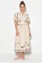 Women's Beige Embroidered Tie Detailed Lined Midi Skirt Blouse Linen Set 3003 60286283 - 2
