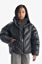 Water Repellent Stand Collar Zippered Faux Leather Puffer Coat Girls F0054A825Au - 5