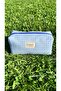 Blue Gingham Fabric Makeup Bag, Portable Travel Size Makeup Bag