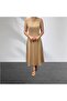 Beige Linen Crew Neck Flounce Midi Dress