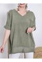 Women's Khaki Mesh Detailed Cotton Linen Blouse Bohemian Loose Tunic