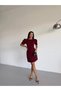 Women's Burgundy Boat Neck Fileto Pocket Short Sleeve Mini Dress Hzl26S-Fry123891 - 4