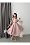 Powder Lace Embroidered Sequined Belted Square Neck Evening Dress - 3