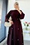 Stone Embellished Double Abaya Set - Brown - 6