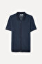 Men's Navy Blue Striped Polo Collar Short Sleeve Knitwear Cardigan