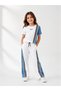 Girl's 100% Cotton White Short-Sleeved Denim Patched Sweatshirt & Wide Leg Denim Patched Pants Set Summer Special Occasion Set - 2