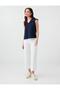 Navy Blue Linen Blend V-Neck Blouse with Lace Detail - 2