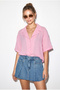 Women's Candy Pink Self-Striped Open Collar Oversize Short Sleeve Shirt 60282055 - 5